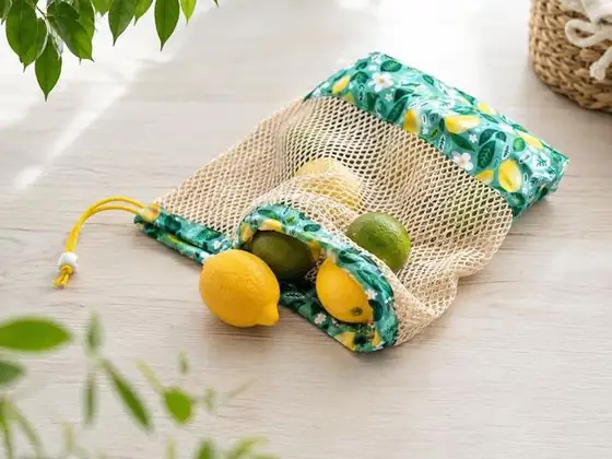 Sac à vrac en filet et coton imprimé citrons